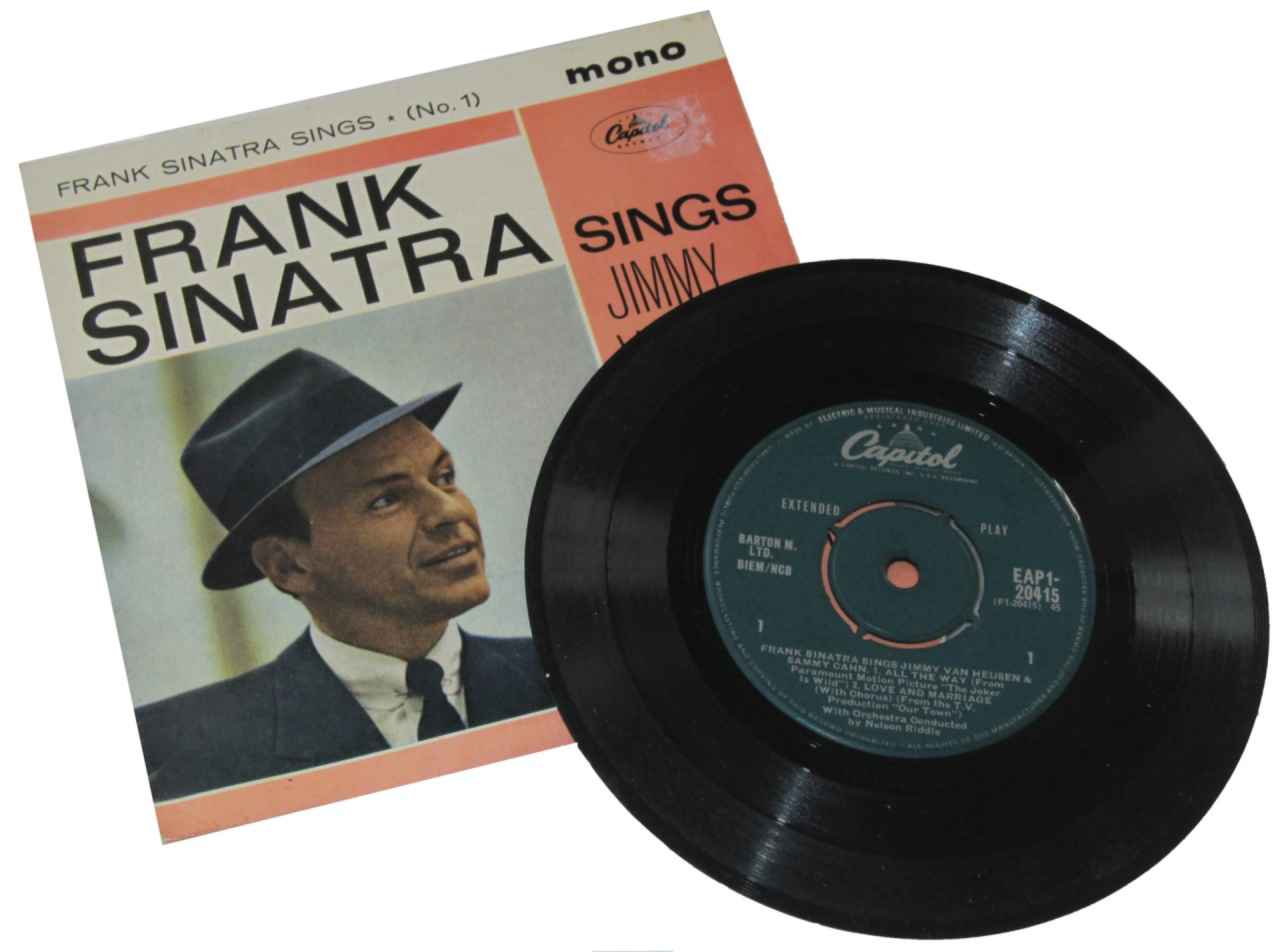 A vinyl record titled "Frank Sinatra Sings Jimmy," displayed alongside its cover. The cover features an image of Frank Sinatra wearing a hat and a suit, with the title and record label "Capitol" prominently shown. The record itself is black with a blue label in the centre.